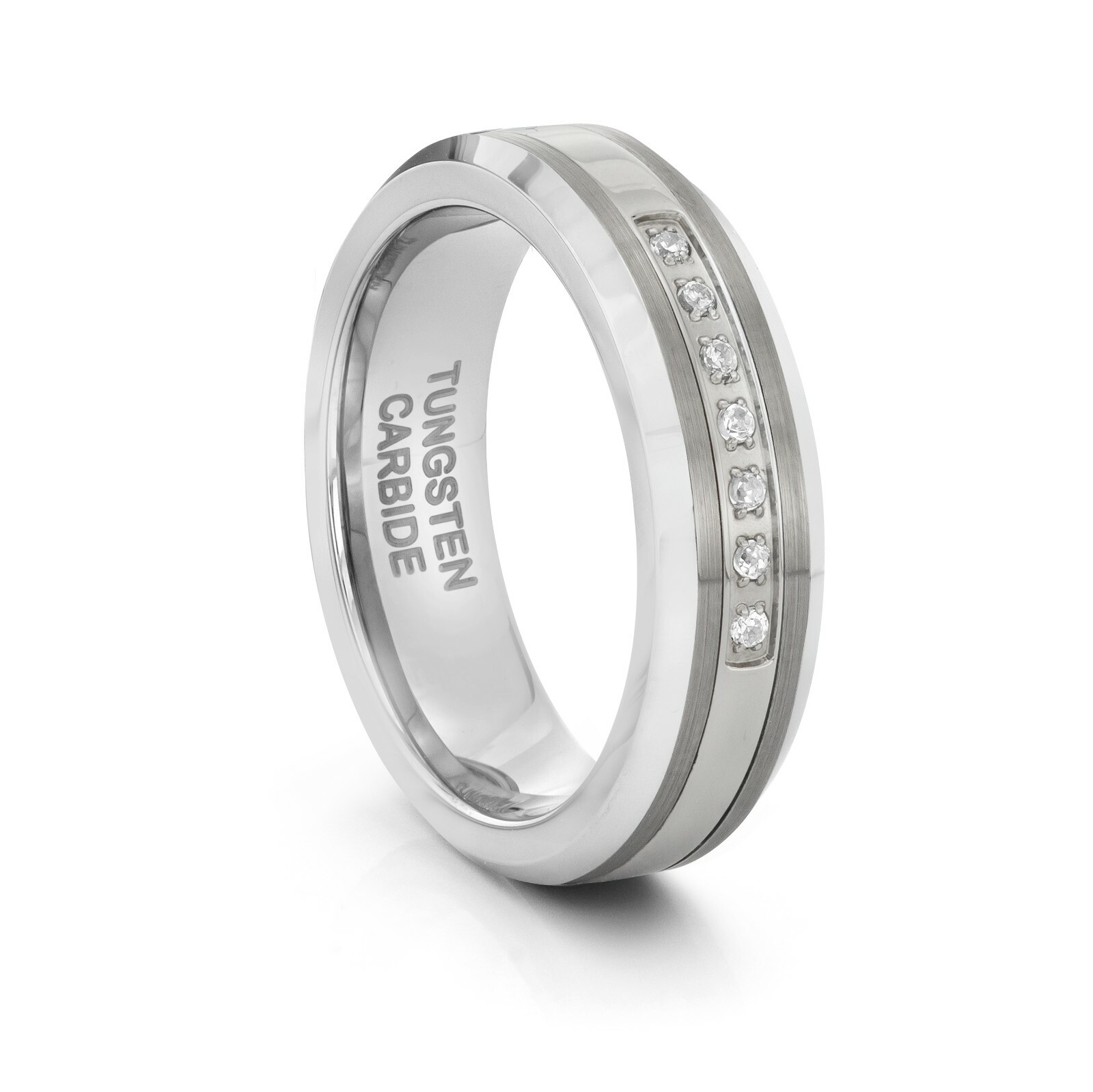 TungstenMasters 8MM/6MM Tungsten Matte Silver Wedding Band Ring w/ CZ Stones