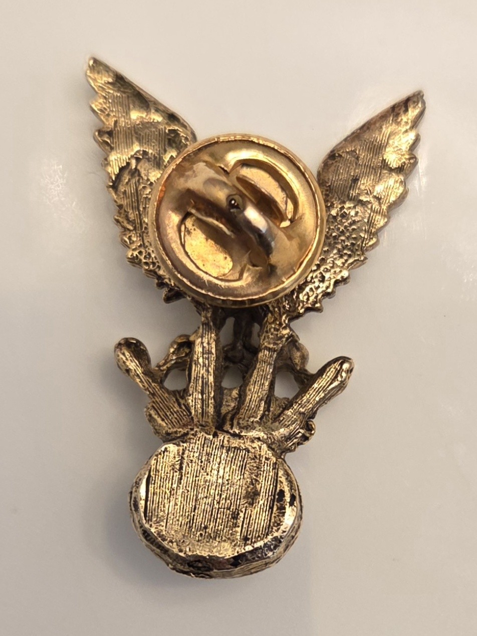 Vintage Gold Tone Eagle Crown Lapel Pin Blue Stone Cabochon Heraldic Brooch