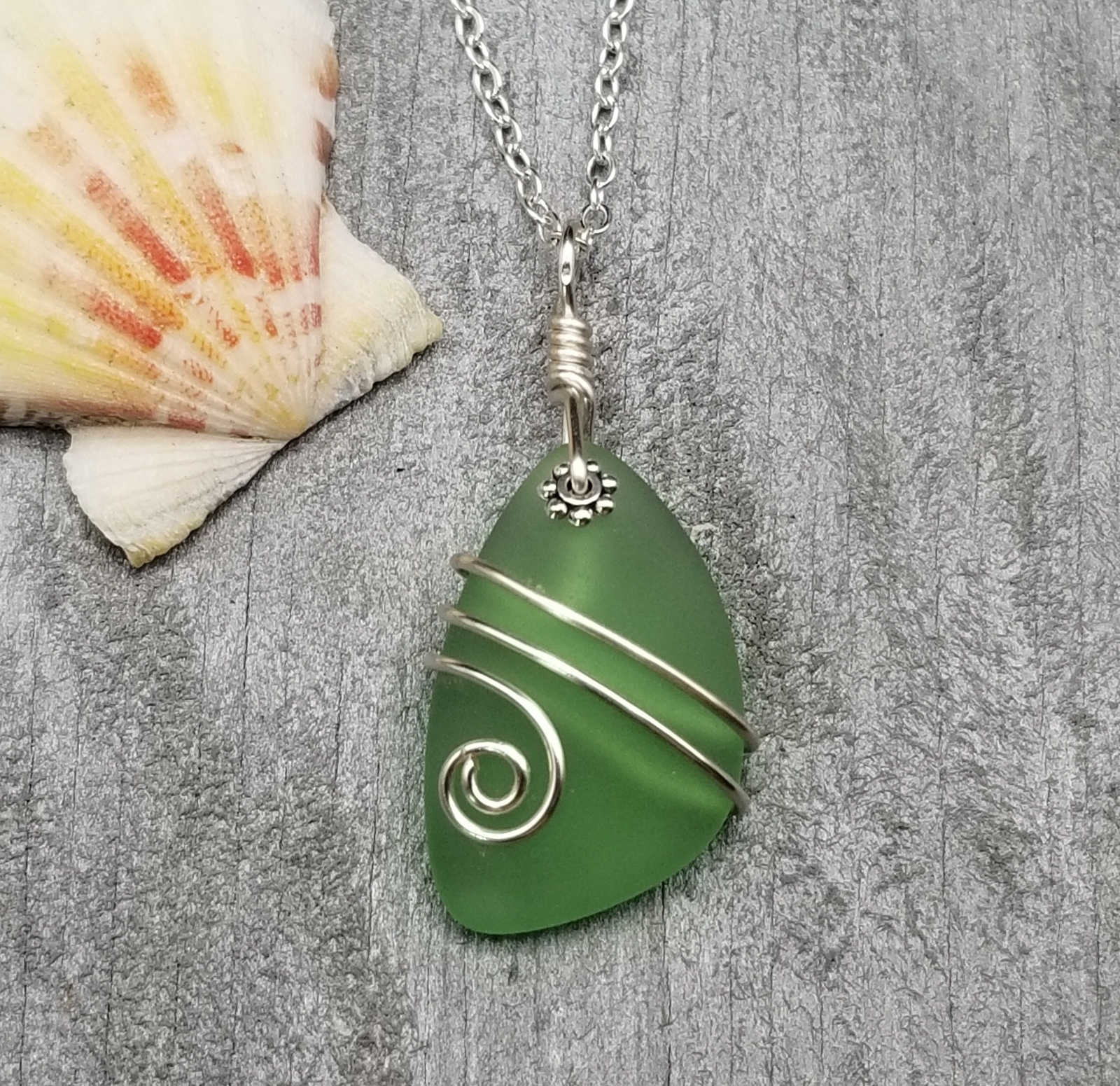 Hawaiian Jewelry Sea Glass Necklace, Wire Peridot Green Necklace, Unique Beach