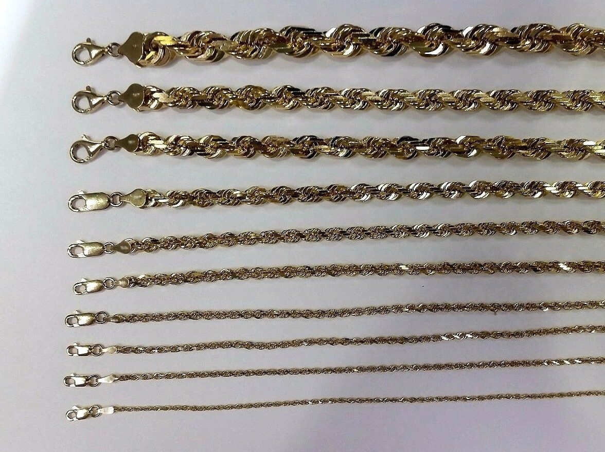 10K Solid Yellow Gold Rope Chain Necklace for Men Women 1.5MM~9MM / 16″~30″
