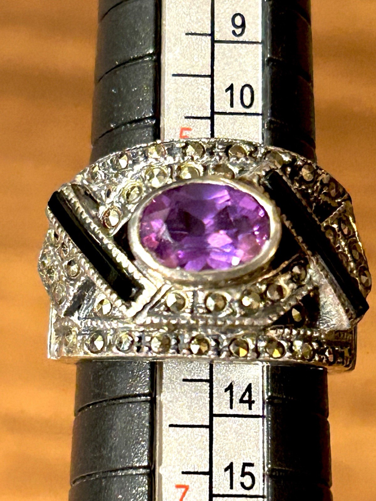 Vintage Wide Band Sterling Ring With Amethyst Marcasite And Onyx Signed Size 6