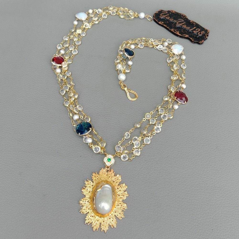 23” 4 Strands Crystal Chain Necklace Keshi Pearl Yellow Gold Plated Pendant