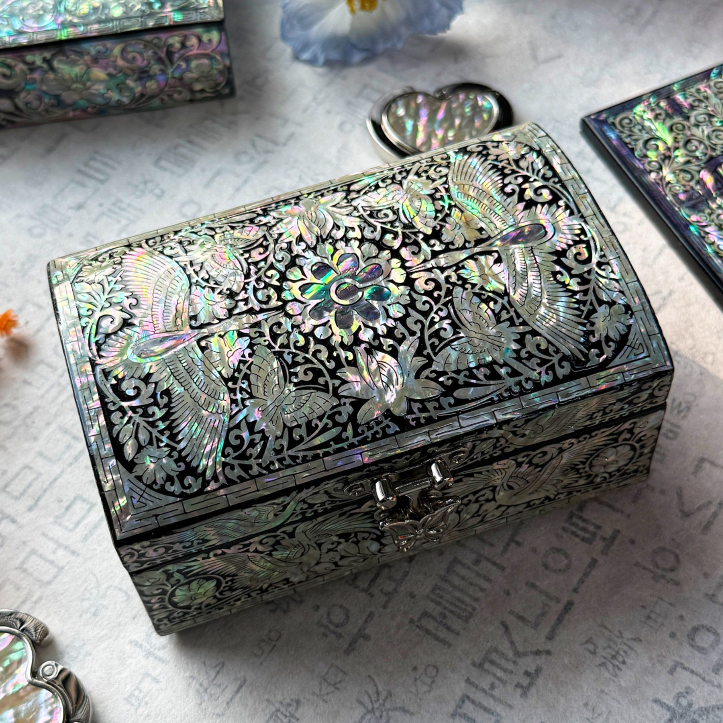 Korea Traditional Mother of Pearl Crane Jewelry Box wood trinket box