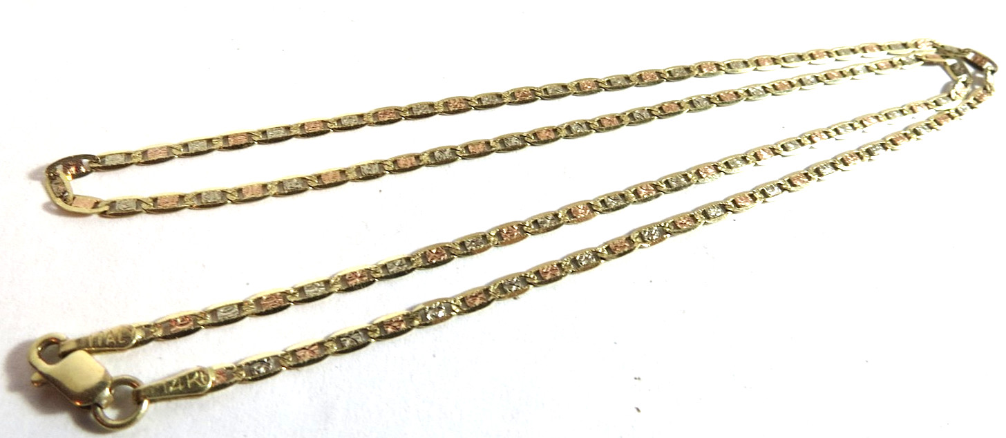 VINTAGE ITALY 14K SOLID YELLOW GOLD 2-TONE NECKLACE CHAIN 16.5″ LONG 3 GRAMS