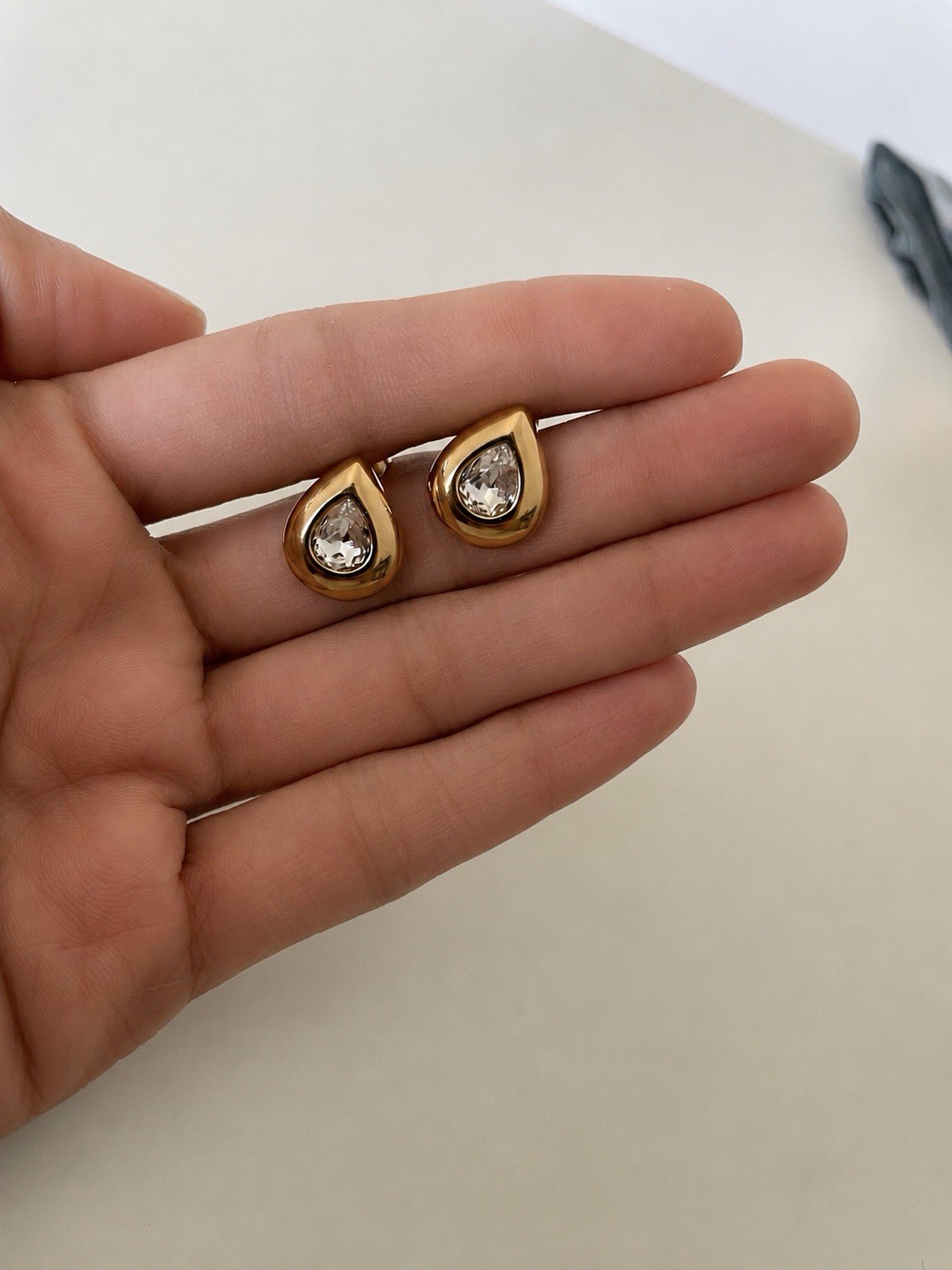 18K Gold PVD Clear Stone Teardrop Stud Earrings 316L Stainless Steel