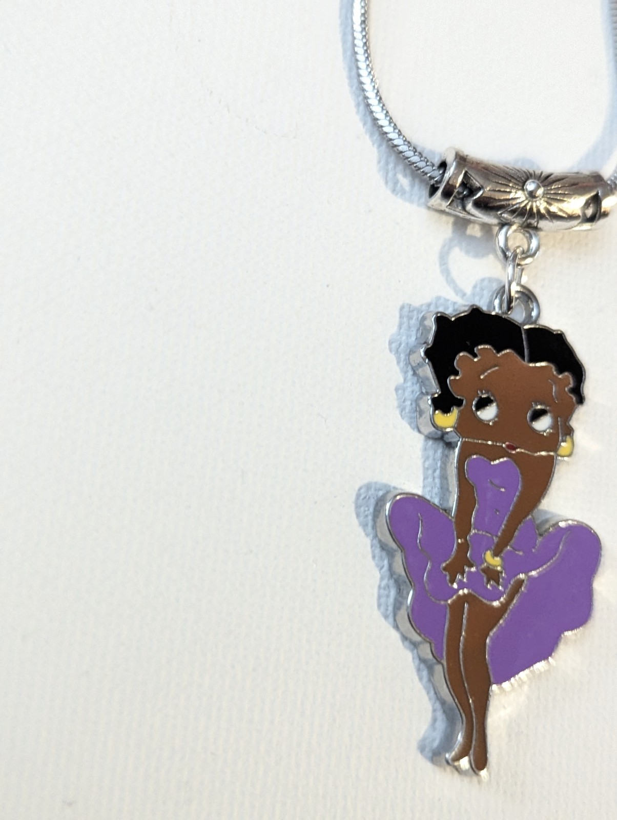 Stainless Steel Snake Chain Necklace Cartoon Girl Charm Pendant Purple Dress
