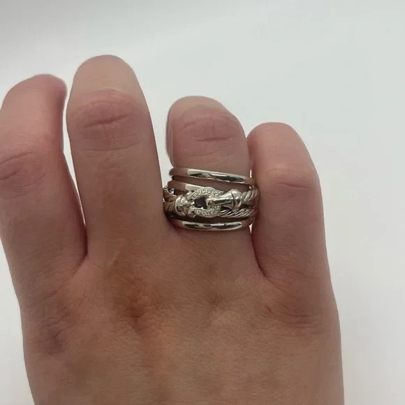 David Yurman Sterling Silver and Diamonds Buckle Crossover Ring Size 7