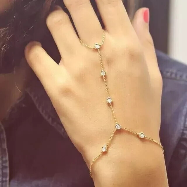 Women’s Hand Chain Bracelet 14K Yellow Gold Finish 2Ct Round Lab-Created Diamond