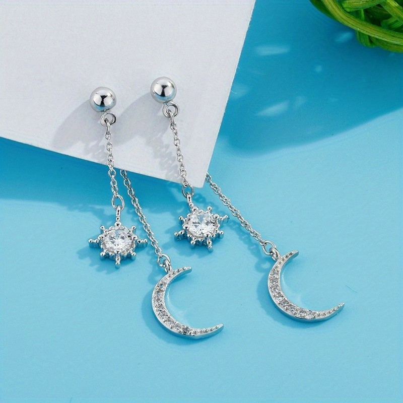 Women’s Long Tassel Ear Studs Inlaid Synthetic Zircon Star Moon Earrings Alloy