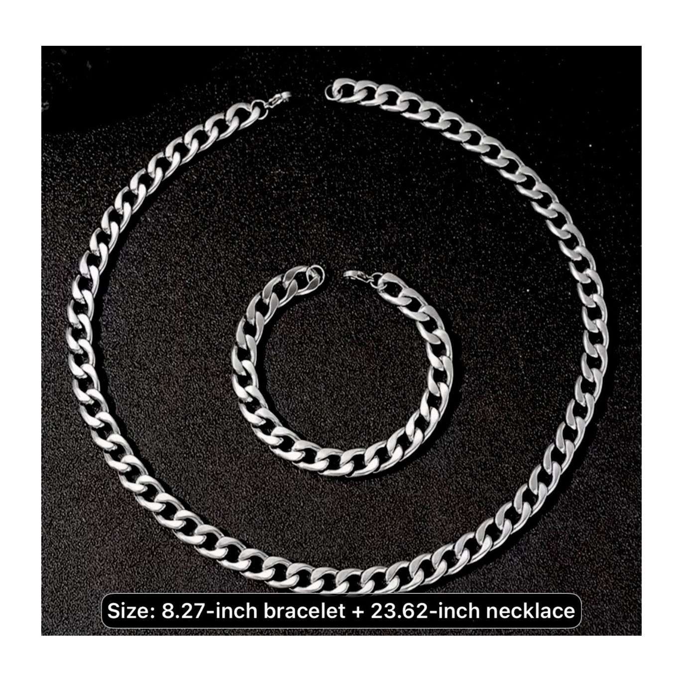 Stainless Steel Silver Cuban Link Necklace 23.62in & Bracelet 8.27in Set
