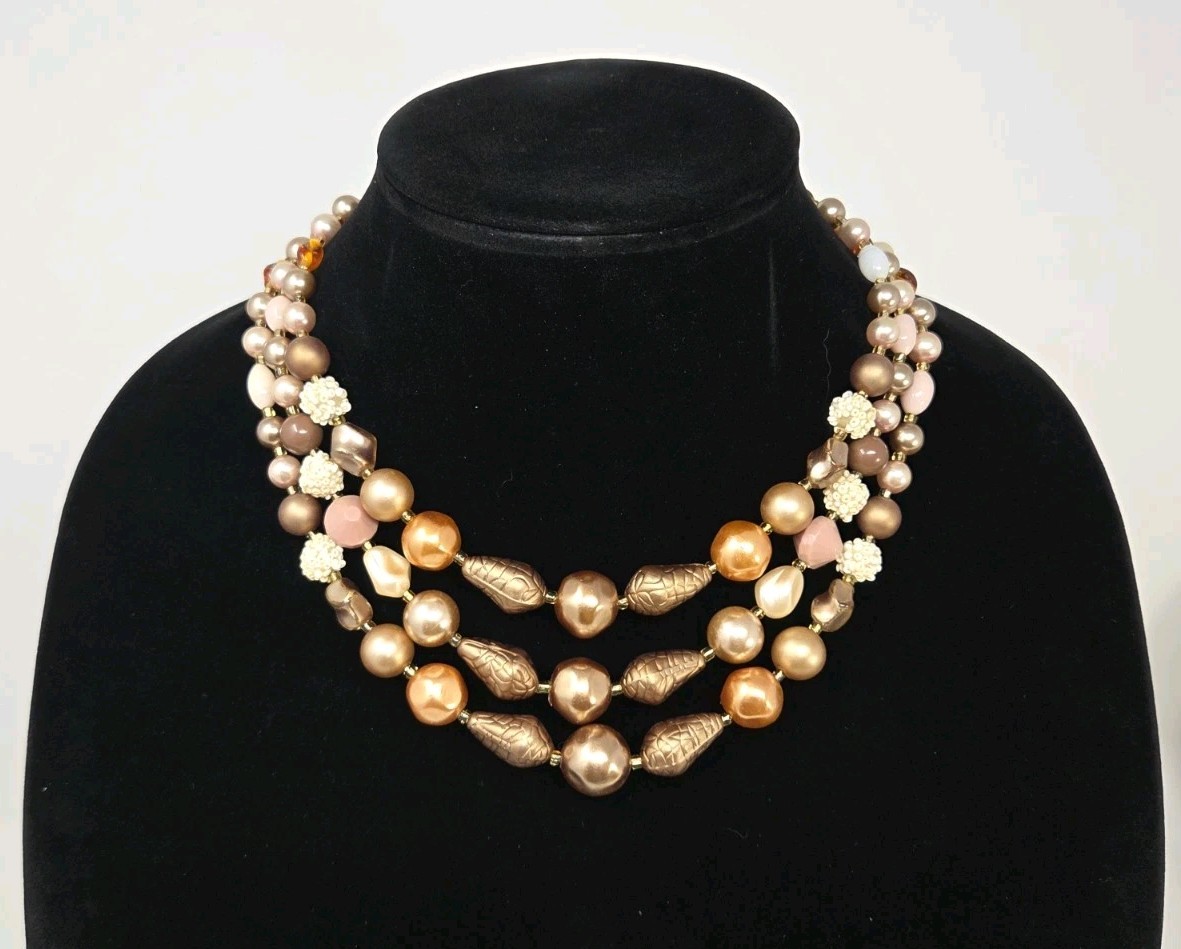 Vintage Triple Strand Taupe Neutrals Faux Pearl Glass Necklace 16-18″ Japan