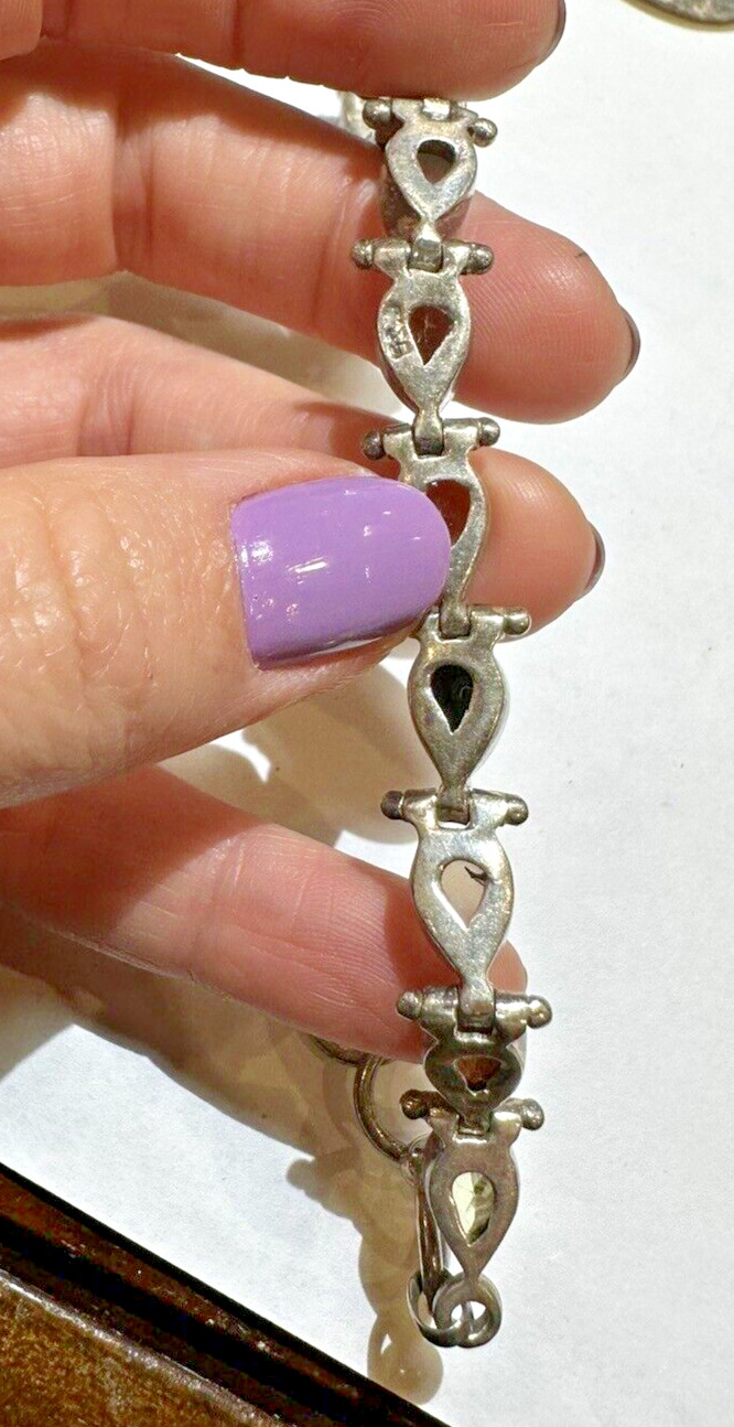 Vintage Silver Teardrop Smoky Quartz Citrine Black Onyx 8.5″ Bracelet DA5