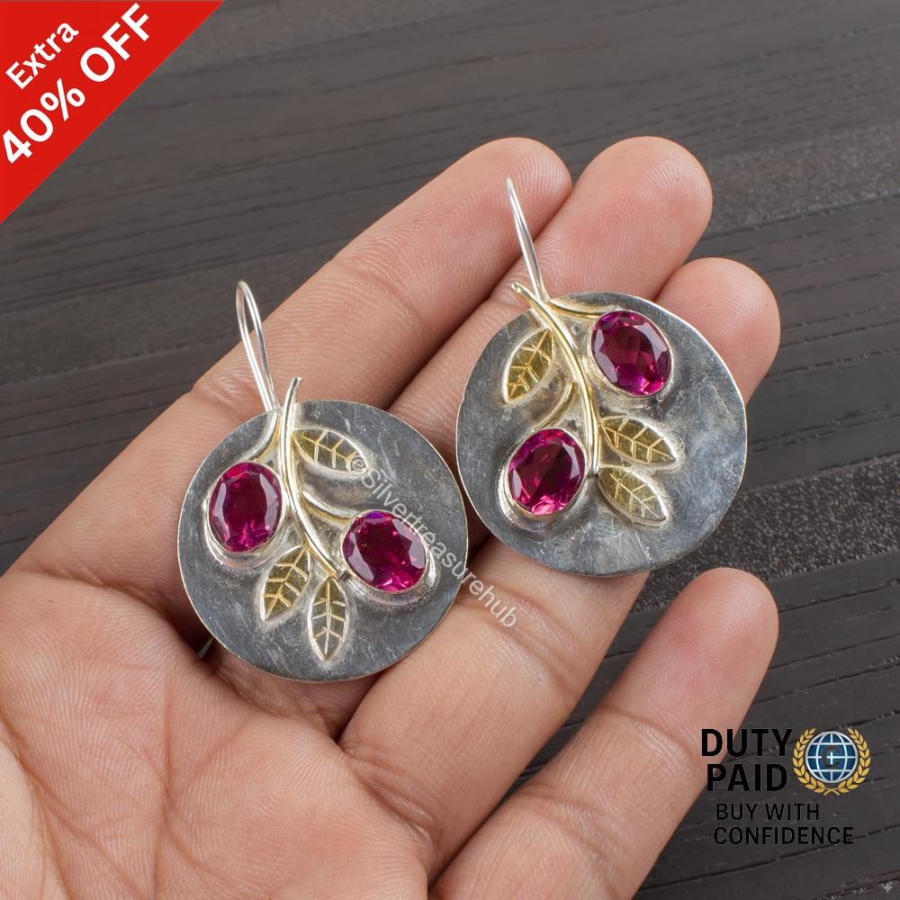Oval Pink Tourmaline Gemstone 925 Sterling Silver Drop Dangle Earrings Jewelry