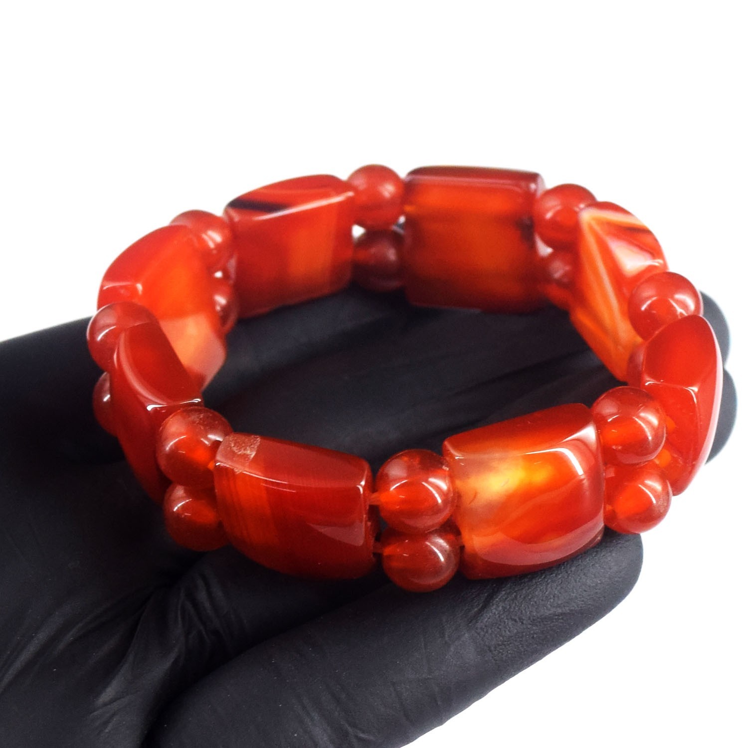 Orange Onyx 157.00 Cts Superb Pattern Best Stretchable Bracelet Beaded RK 14E813