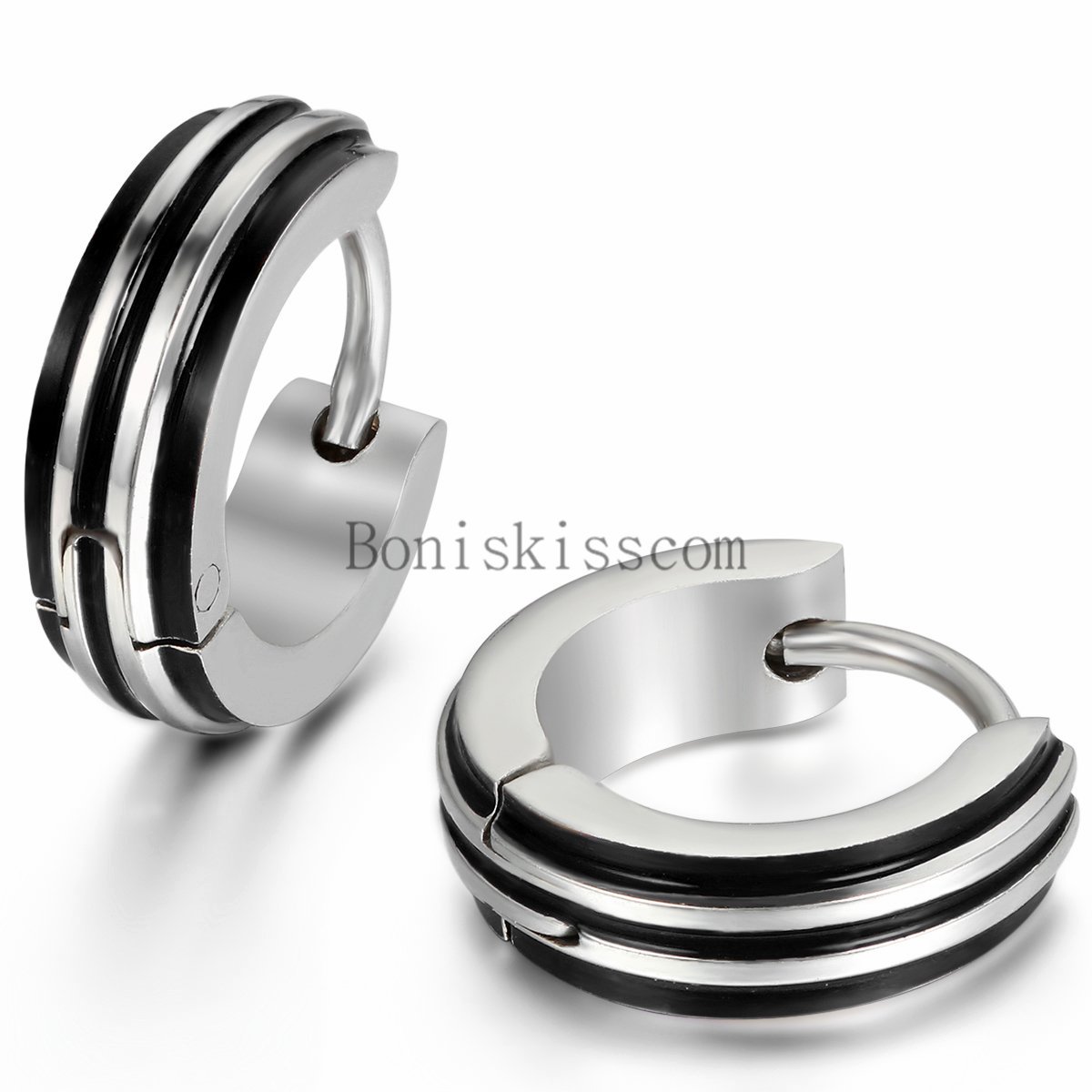 Charm 4mm Wide Stainless Steel Ear Plug Hinges Hoop Earrings Striped Mens Womens