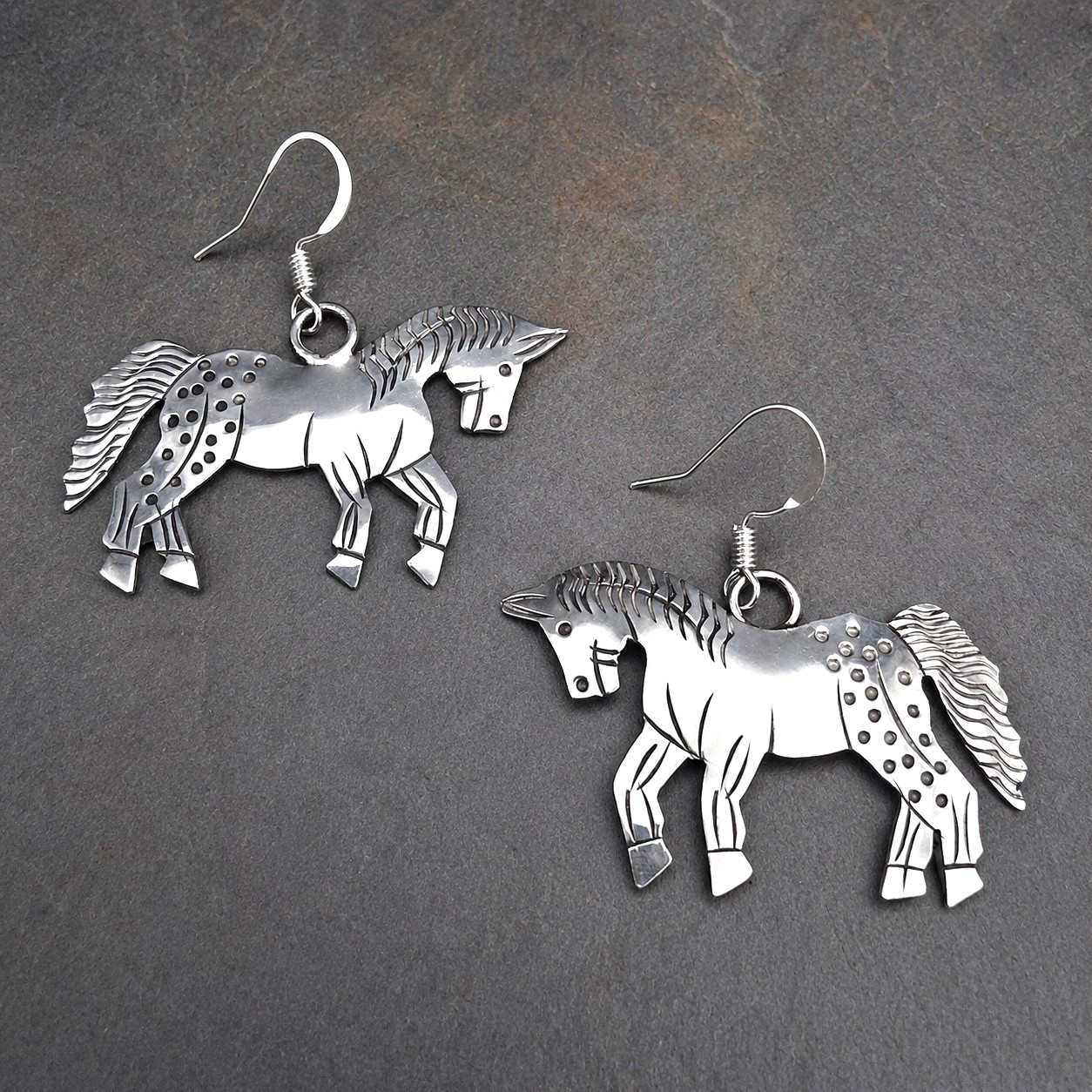 Native American Sterling Silver Horse Dangle Earrings Louise Yazzie Signed LY
