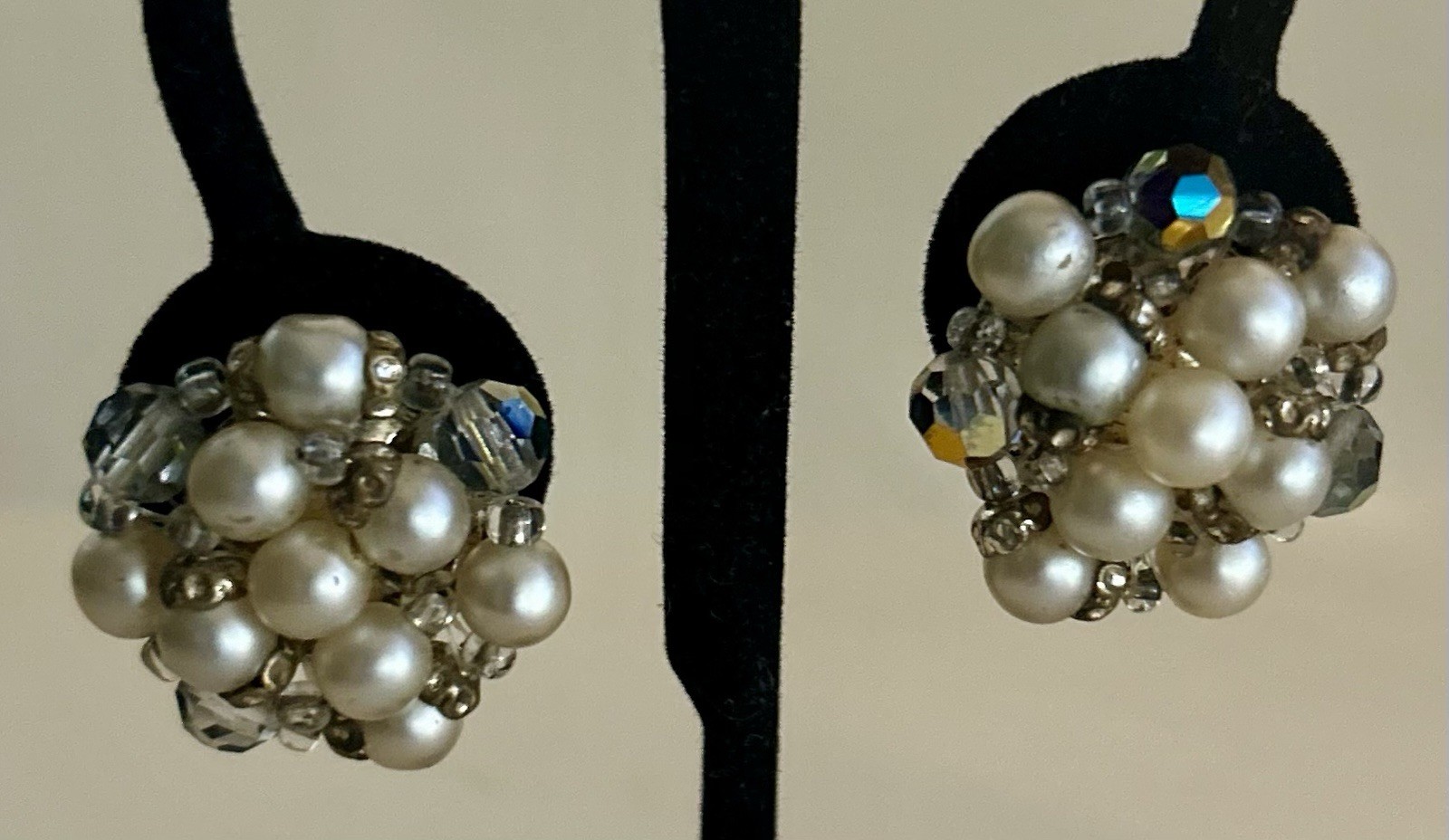 Mid-century iridescent & pearl Color beaded cluster clip-on earrings