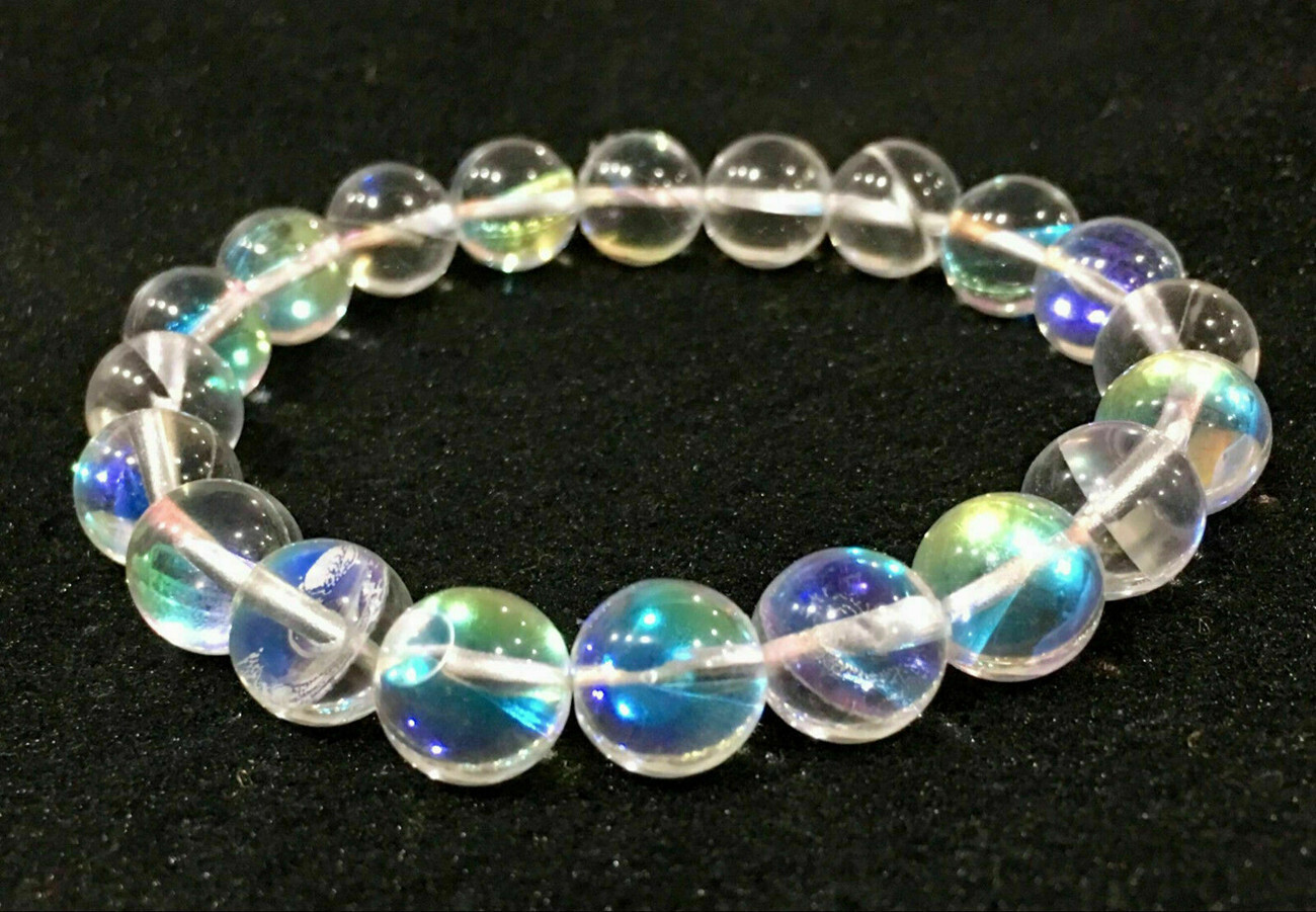 6/8/10/12mm White Gleamy Rainbow Moonstone Round Gems Beads Bracelet 7.5”