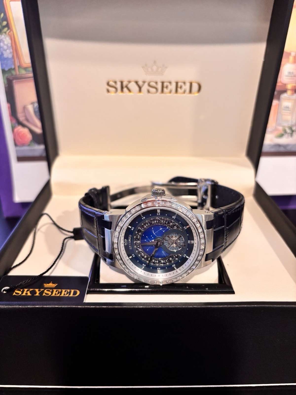 SKYSEED Luxury Blue Dial Diamond Accent Automatic Watch Blue Leather Strap