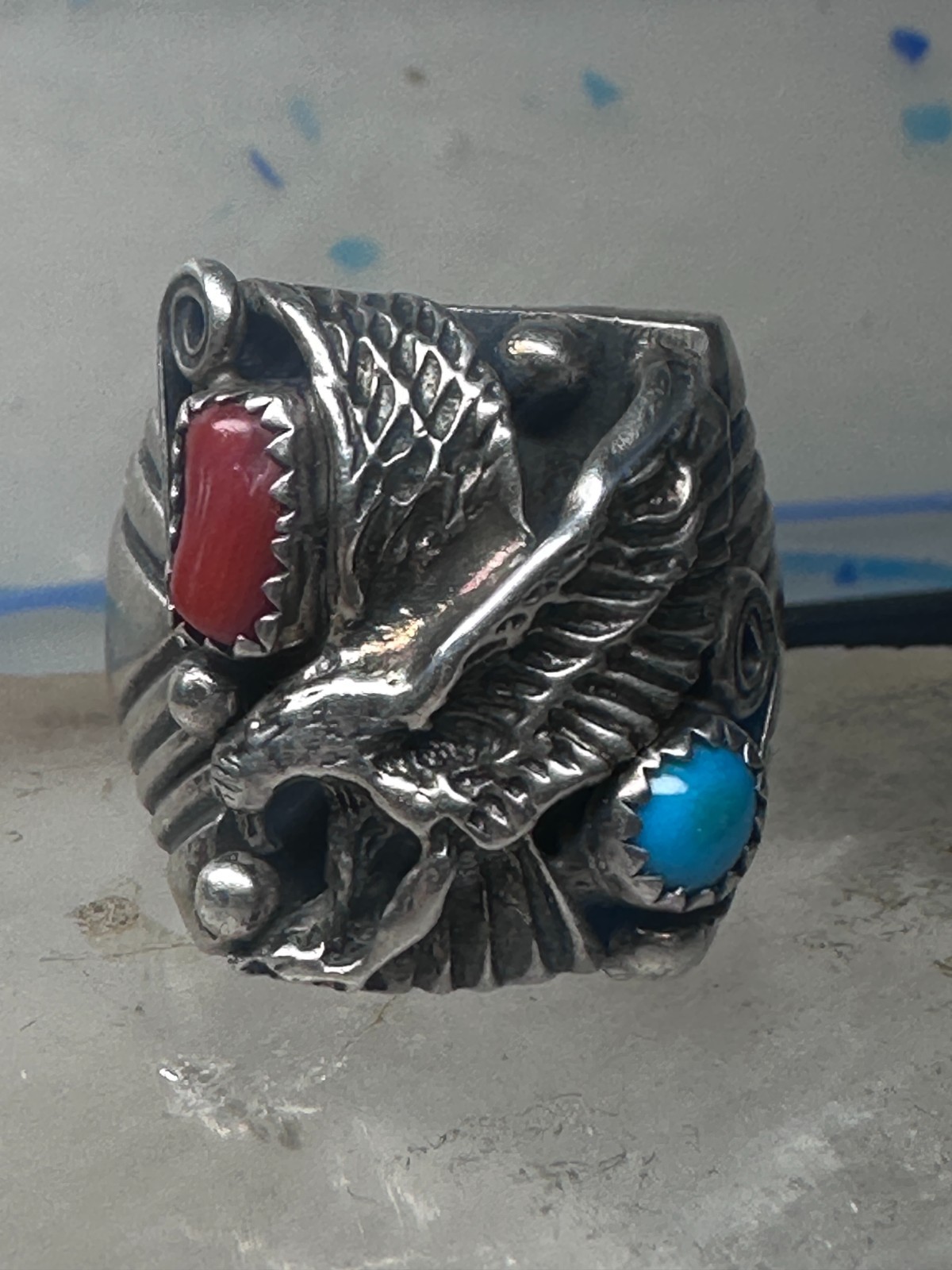 Eagle ring turquoise coral southwest band band Size 11.7 sterling silver
