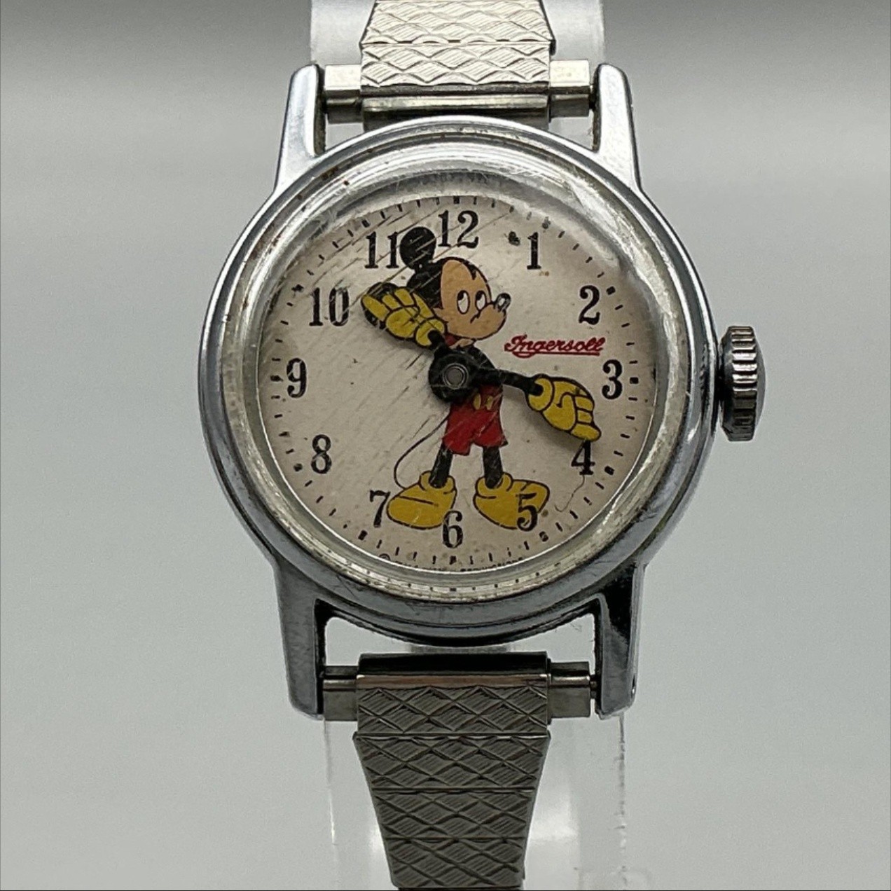 Vtg Ingersoll Mickey Mouse Womens Watch 24mm Silver Tone Manual Stretch Band