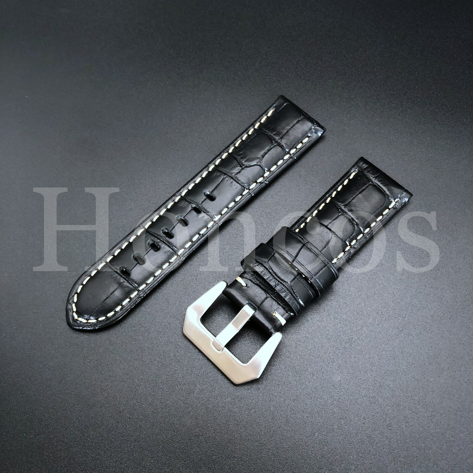 Fits For Panerai 24mm Handmade BLK W Croc Leather Watch Strap Band Pre-v Buckle