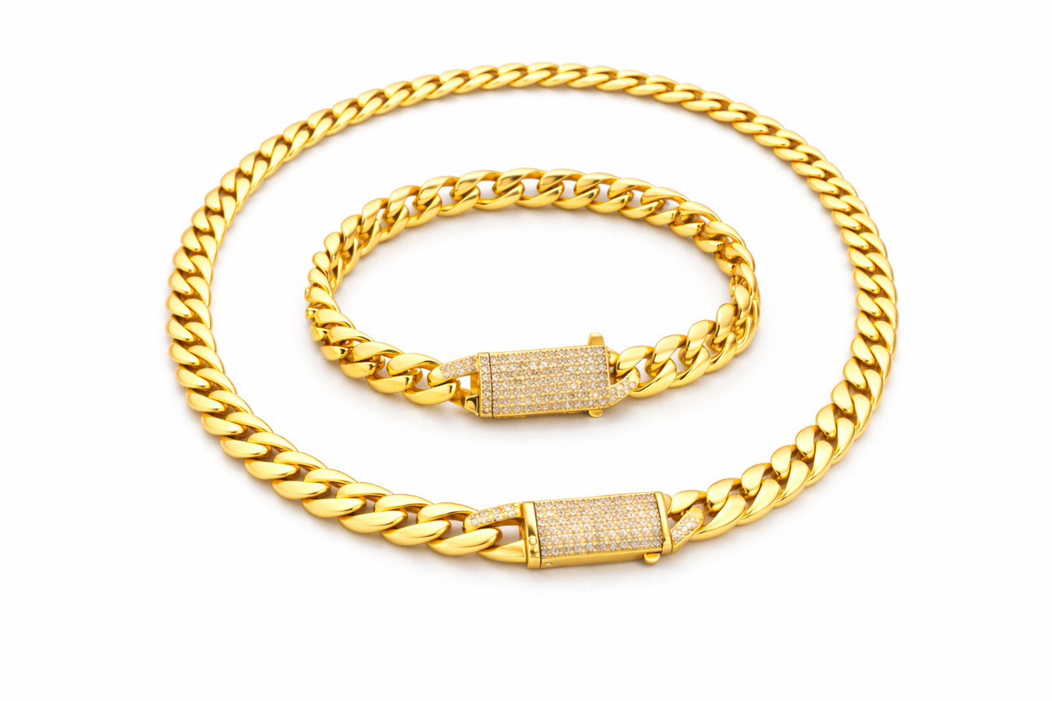 Italian 1/200 14k Yellow Gold Overlay Miami Cuban Iced CZ Chain Bracelet Set in