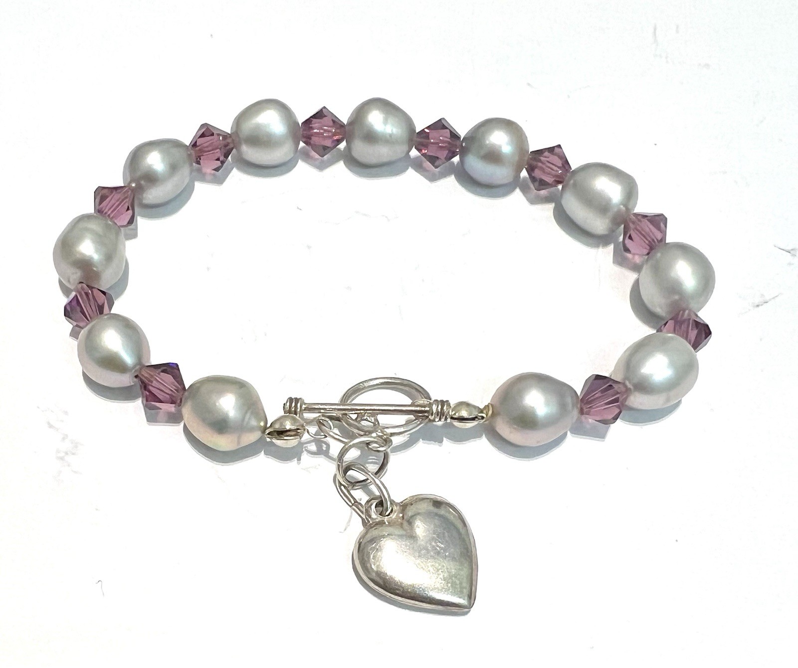 925 Silver Cultured Pearl Amethyst Crystal T Bar Bracelet, 18.5cm, 15.12g,E105