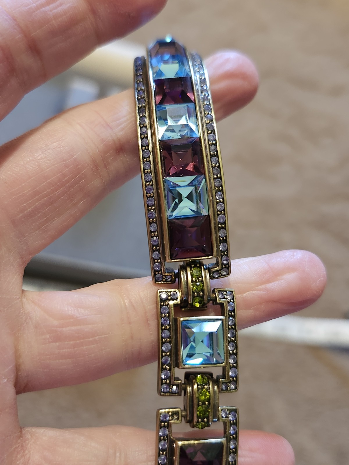 Heidi Daus Purple & Blue Square Crystals Station Statement Bracelet NWOT