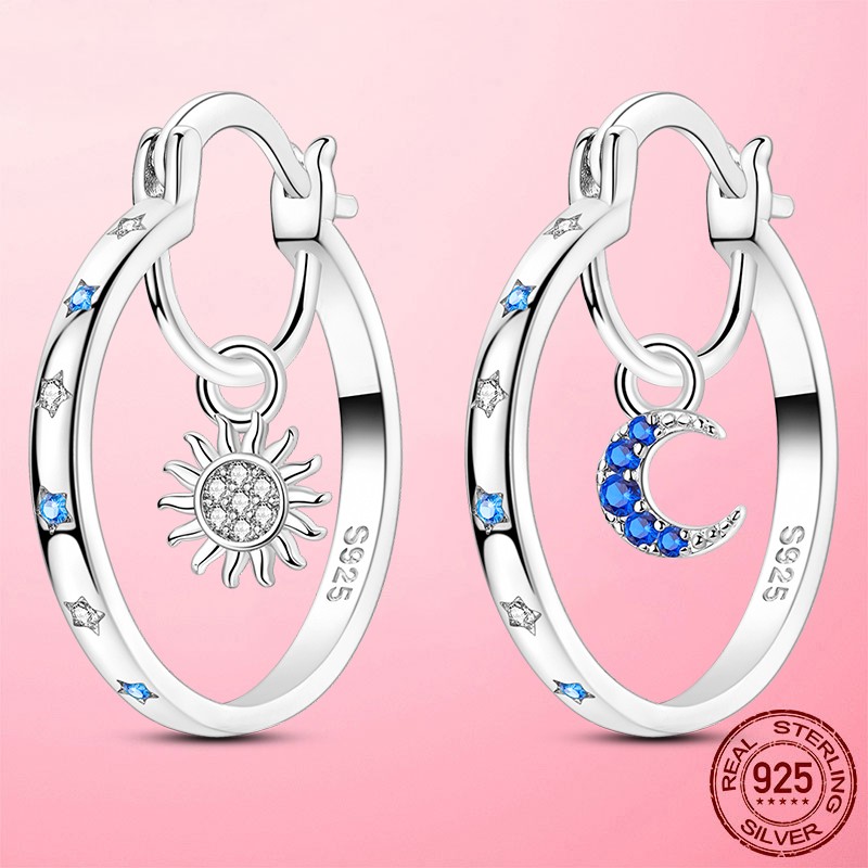 LAZA European Blue Star Moon Sun 925 Sterling Silver Hoop Earrings Women Jewelry