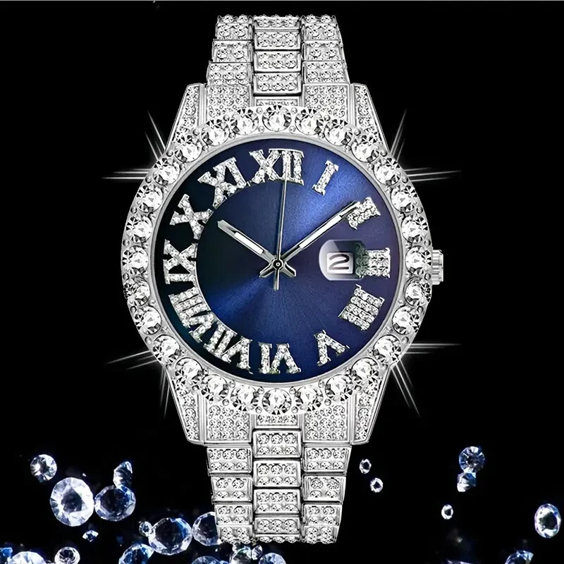 Hip Hop Iced Bling Silver Finish Rapper Blue Dial Metal Simulated Diamond Watch