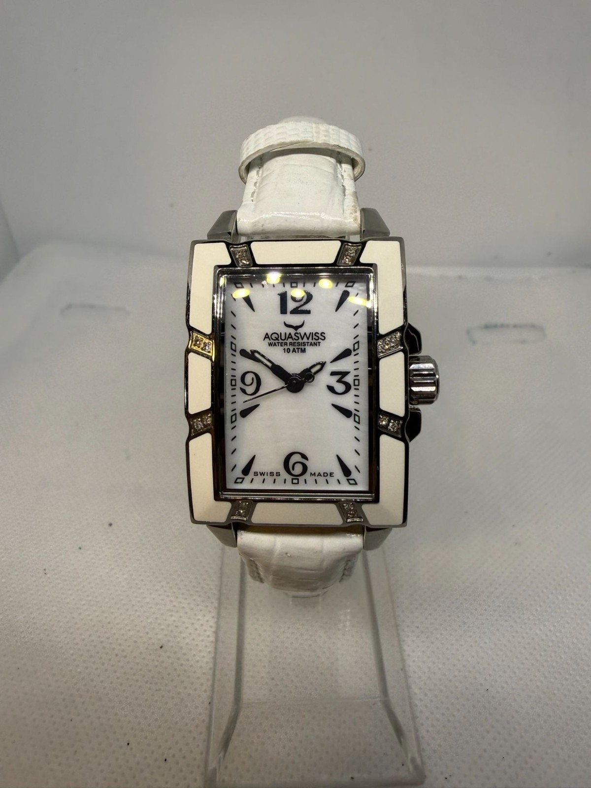 Aquaswiss Avalon AVL003 Women’s White Ceramic 16 Diamond Bezel Leather Watch