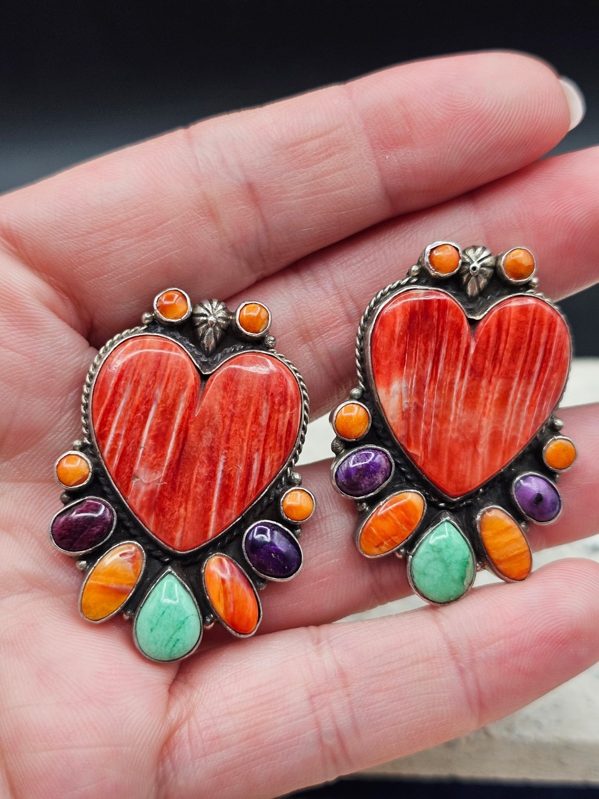 Vintage D.M. Lee Navajo Sterling Spiny Oyster Multi Stone Heart Clip Earrings
