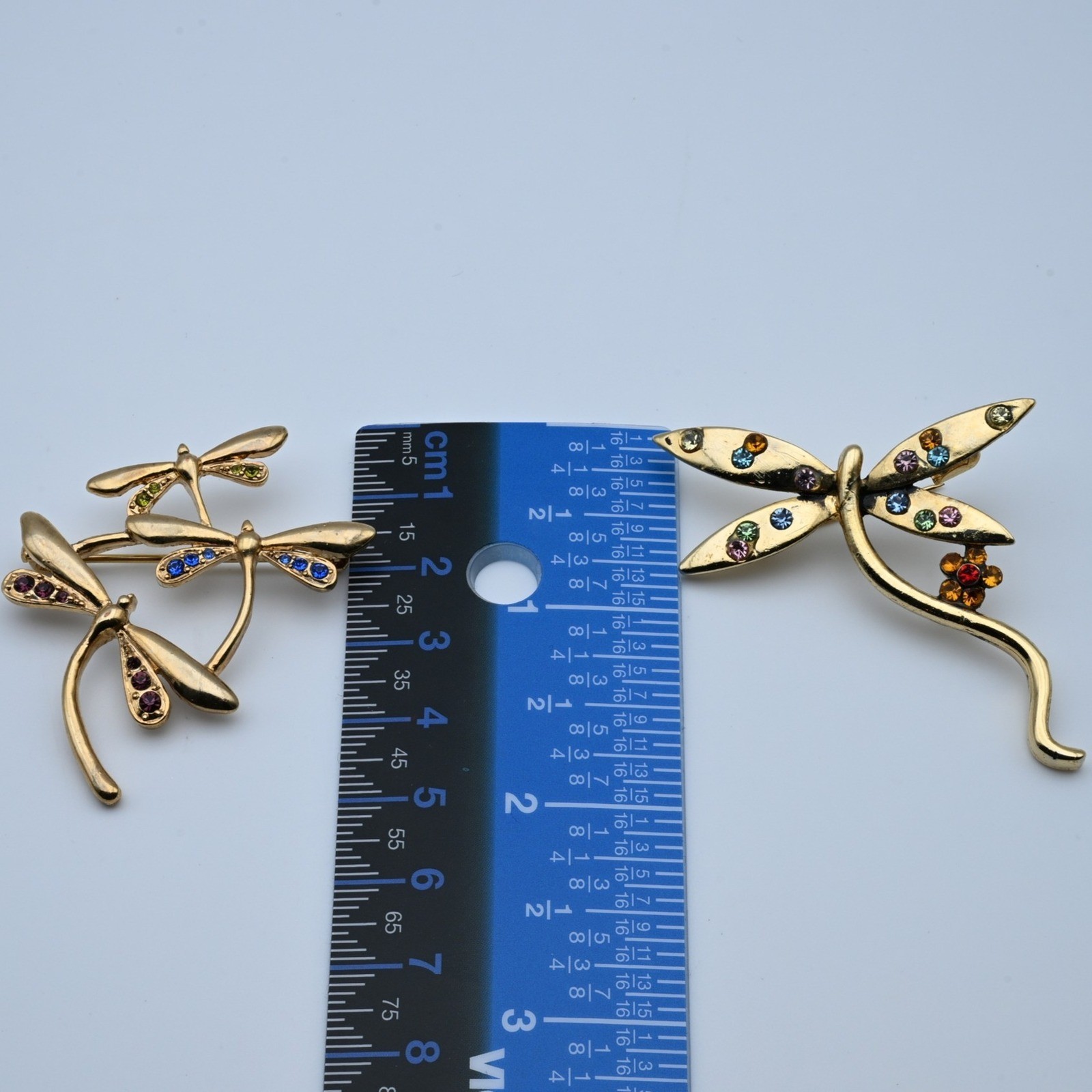 Vintage Gold Tone Dragonfly Brooch Set Multi Color Rhinestone Insect Pins 2pc