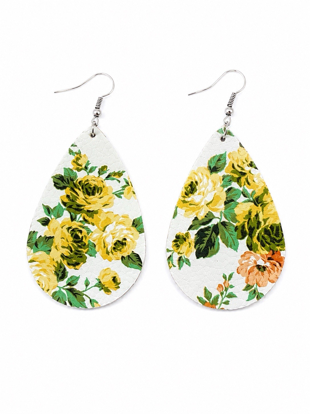 Floral Teardrop Faux Leather Earrings Yellow Rose Print Gift Box Included