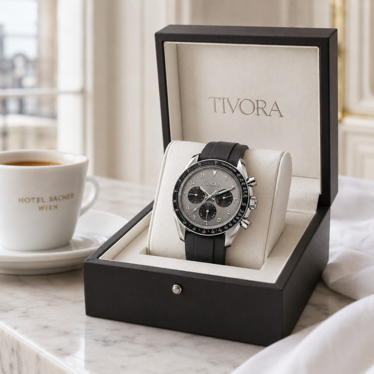 TÍVORÁ Veyron Argent Steel Grey Arabic Dial – Custom Branded Chronograph Watch
