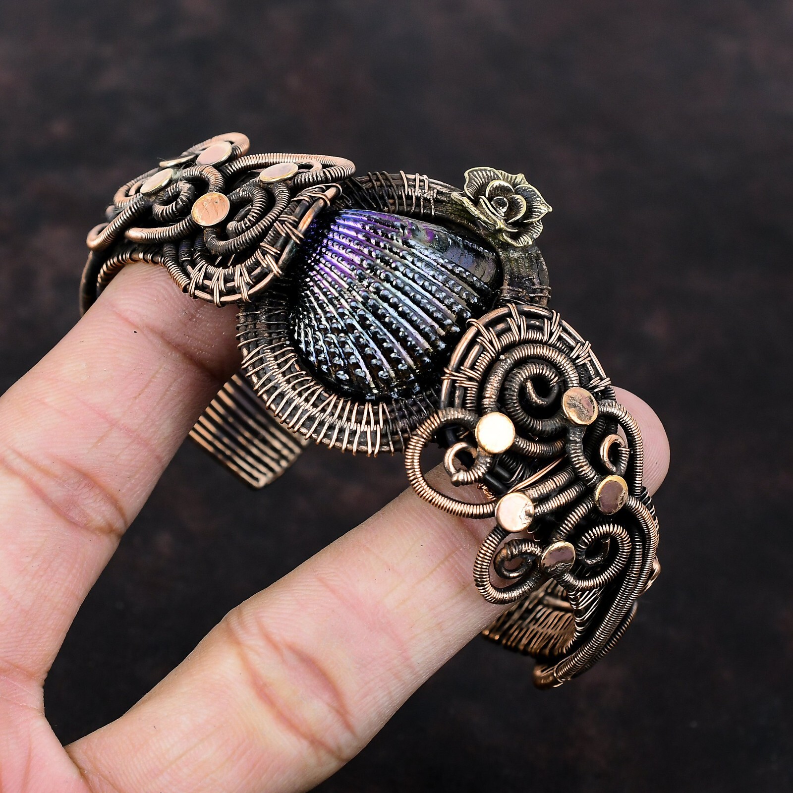 Gift For Women Wire Wrapped Flower Adjustable Cuff Copper Titanium Coated Shell