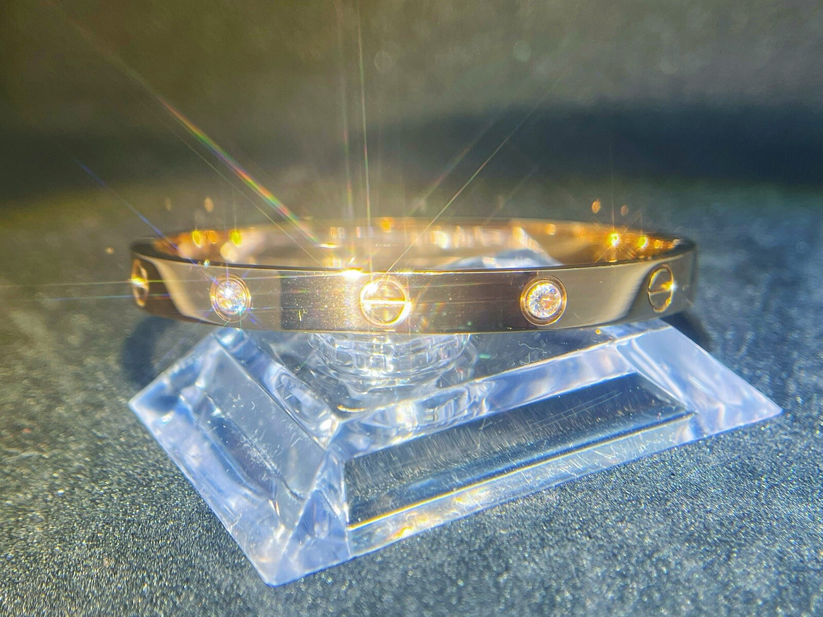 18k FN Unique diamonds Love Rose Gold dangle bracelet, peace and Love bracelet