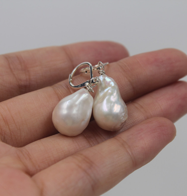 Natural 12×14 White Unusual Keshi Keishi Drip Baroque Pearl leverback Earring