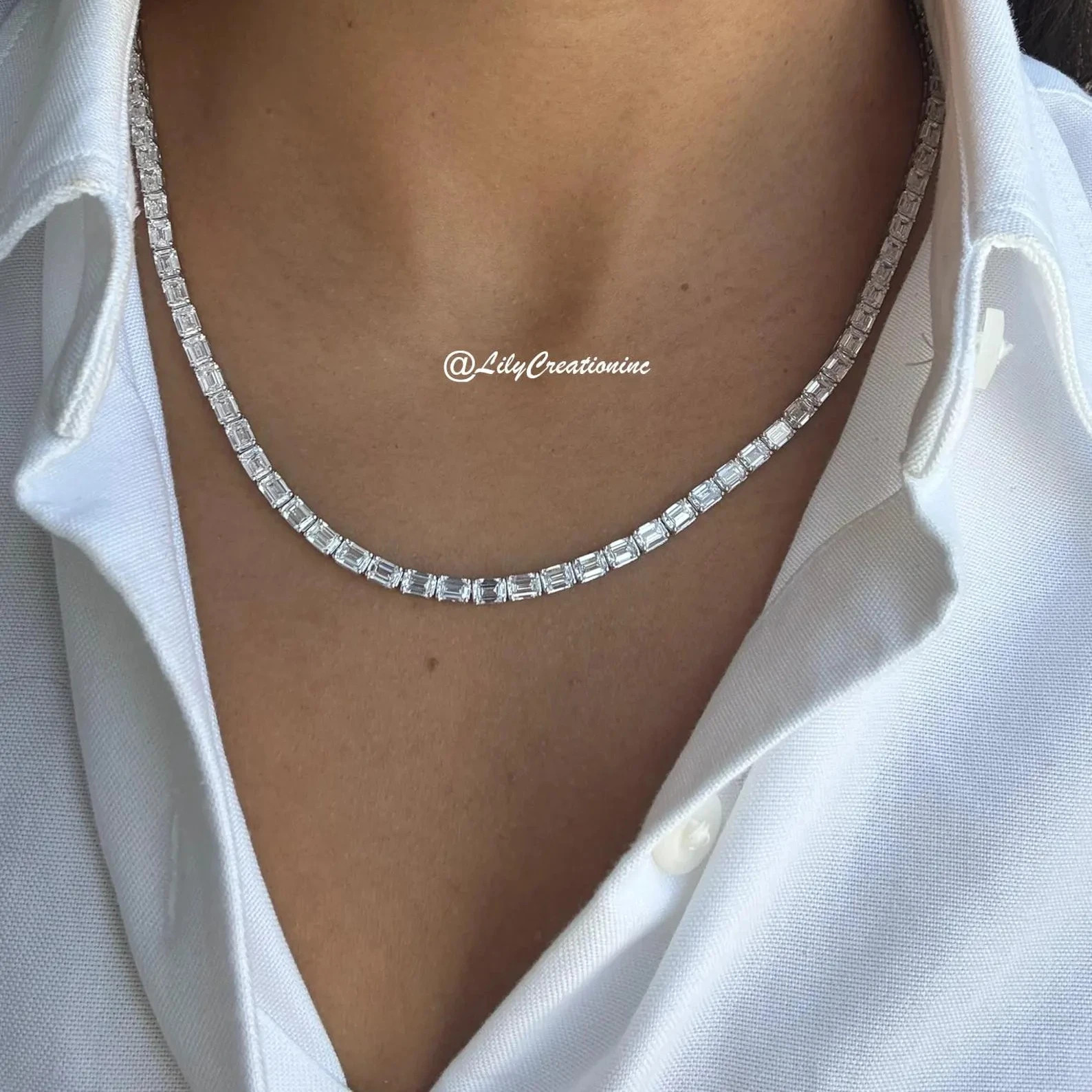 28 Carat Emerald Cut Lab Grown Diamond Tennis Necklace 14K White Gold 18 Inch