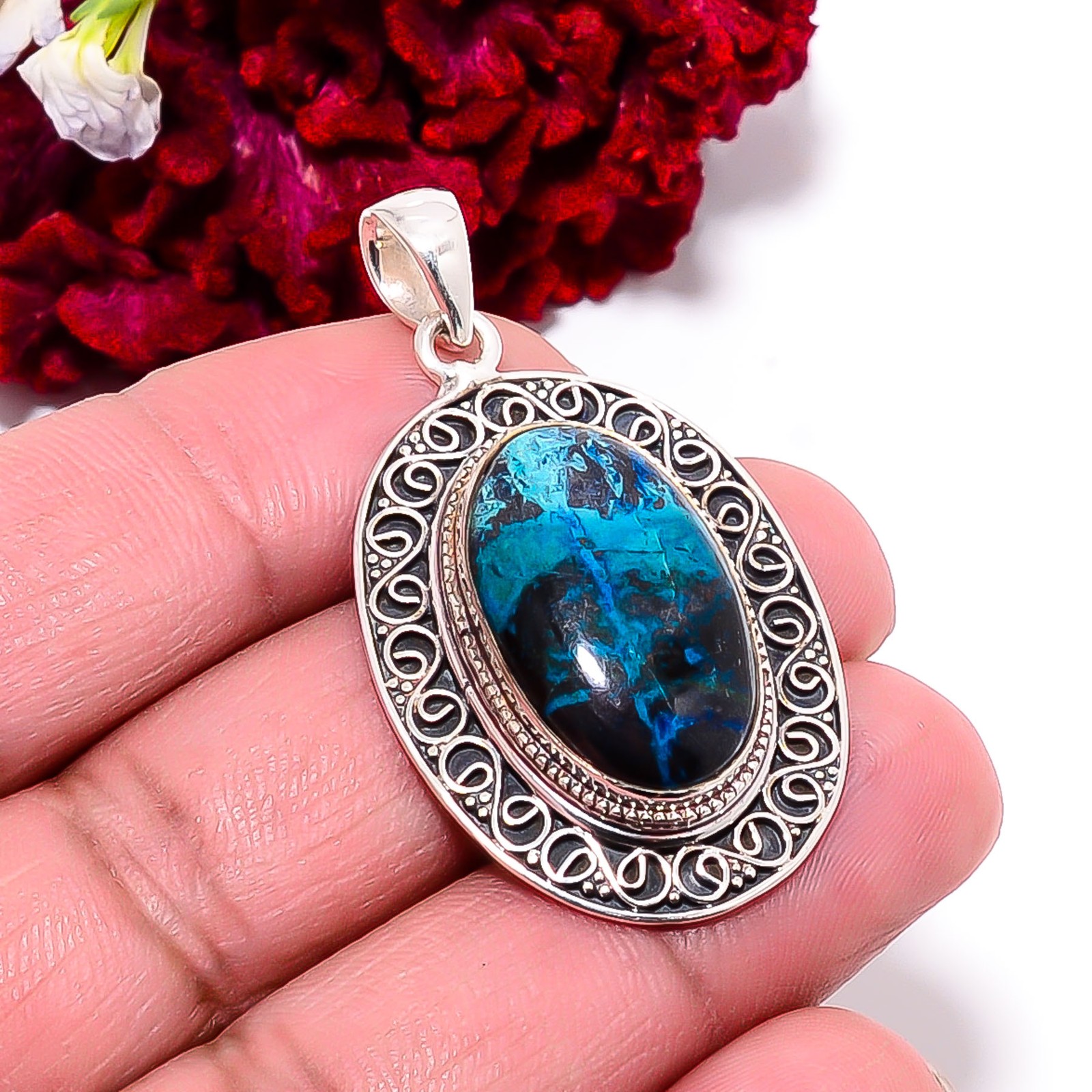 Chrysocolla – Peru Designer Handmade 925 Sterling Silver Pendant 1.83″ P99537