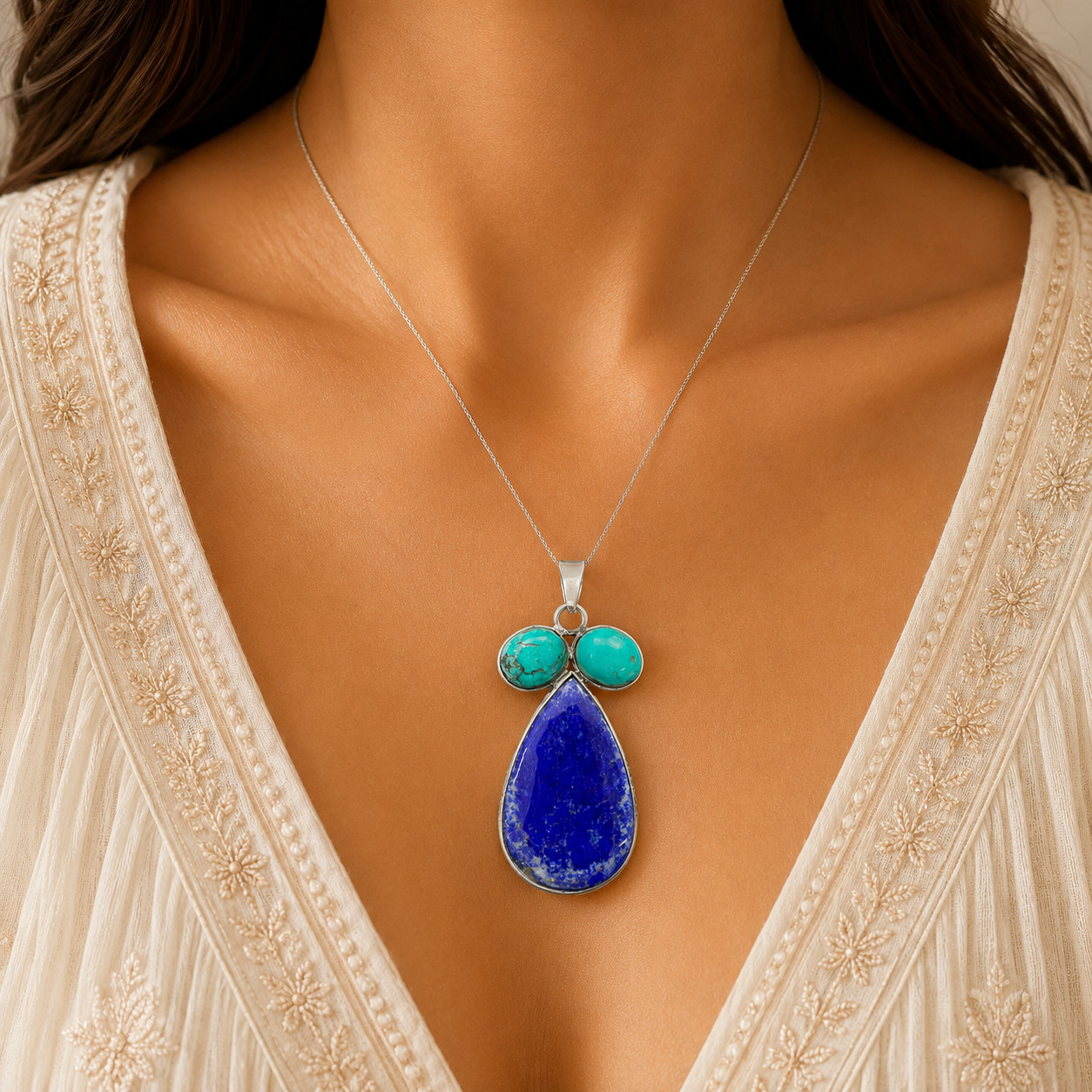 Natural Lapis Lazuli Turquoise Pendant 925 Sterling Silver Boho Handmade Jewelry
