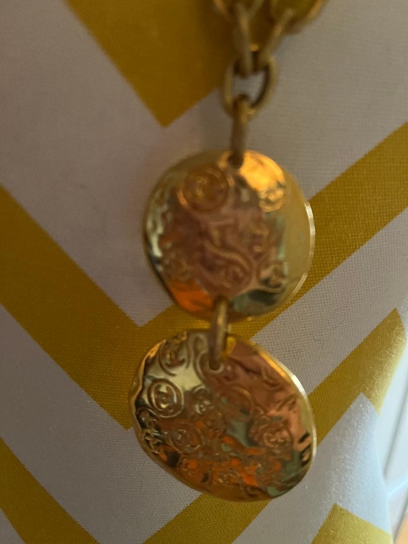 CHANEL 93P Signed Vintage Gold Logo Double Disk Necklace Made in France