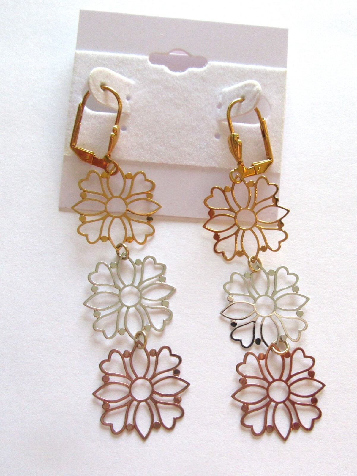 Fashion Earrings 18K gold plated- dangling flowers- yellow white & rose gold