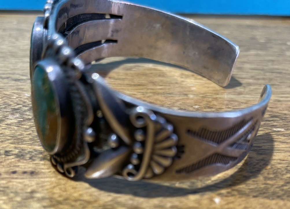 Vintage Navajo Fred Harvey Era 3 Stone Turquoise Cuff Bracelet Stamp Work
