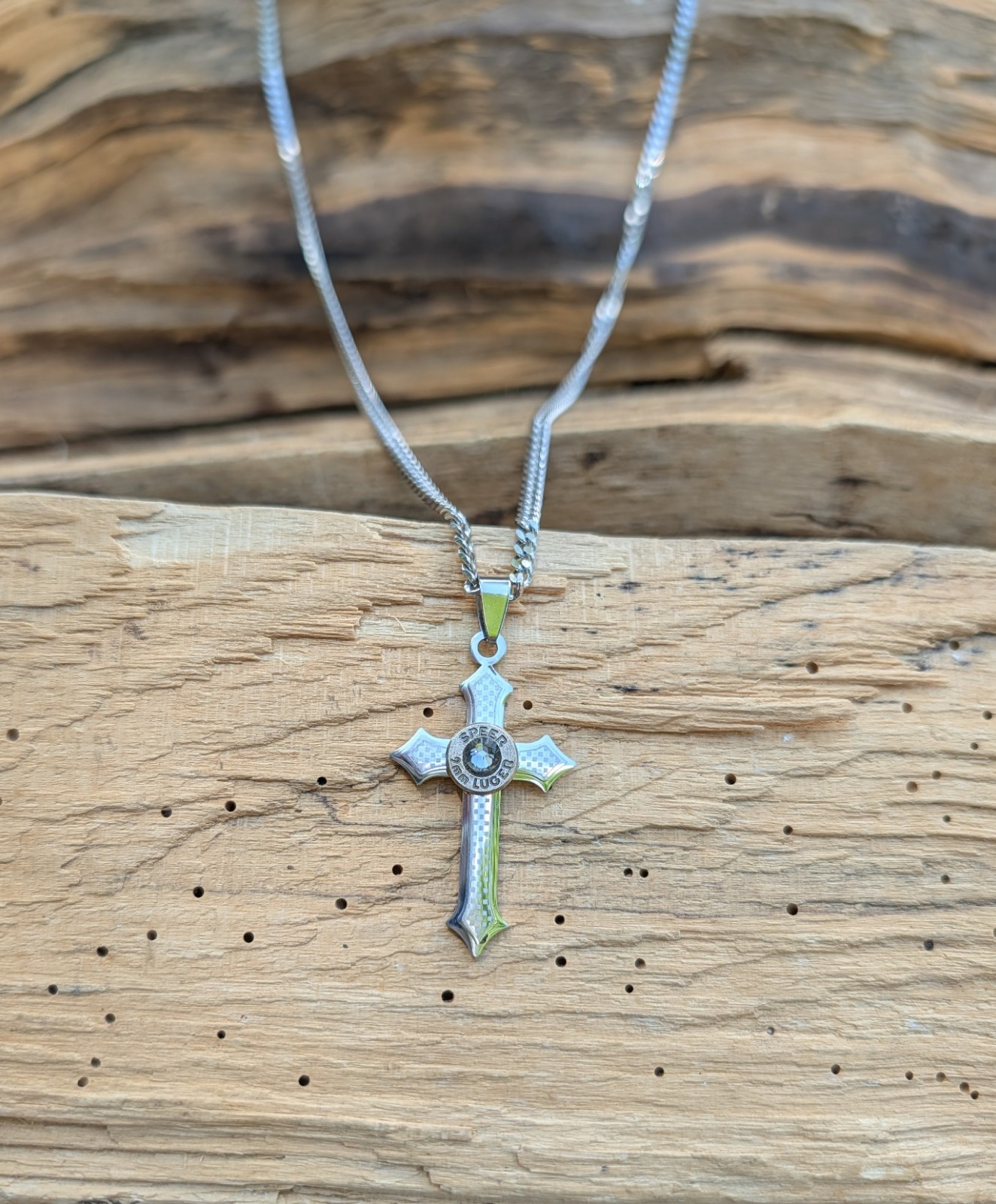 Stainless Steel Cross Necklace with 9mm Bullet. Optional Crystal.