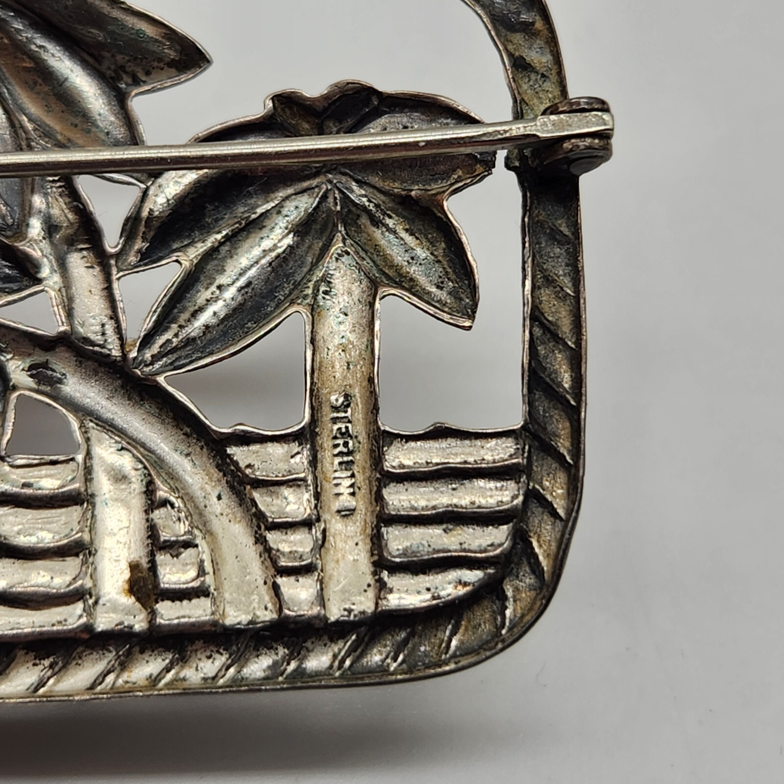 Danecraft 1940s Sterling Brooch – Three Palm Trees Seascape, Signed, 2″