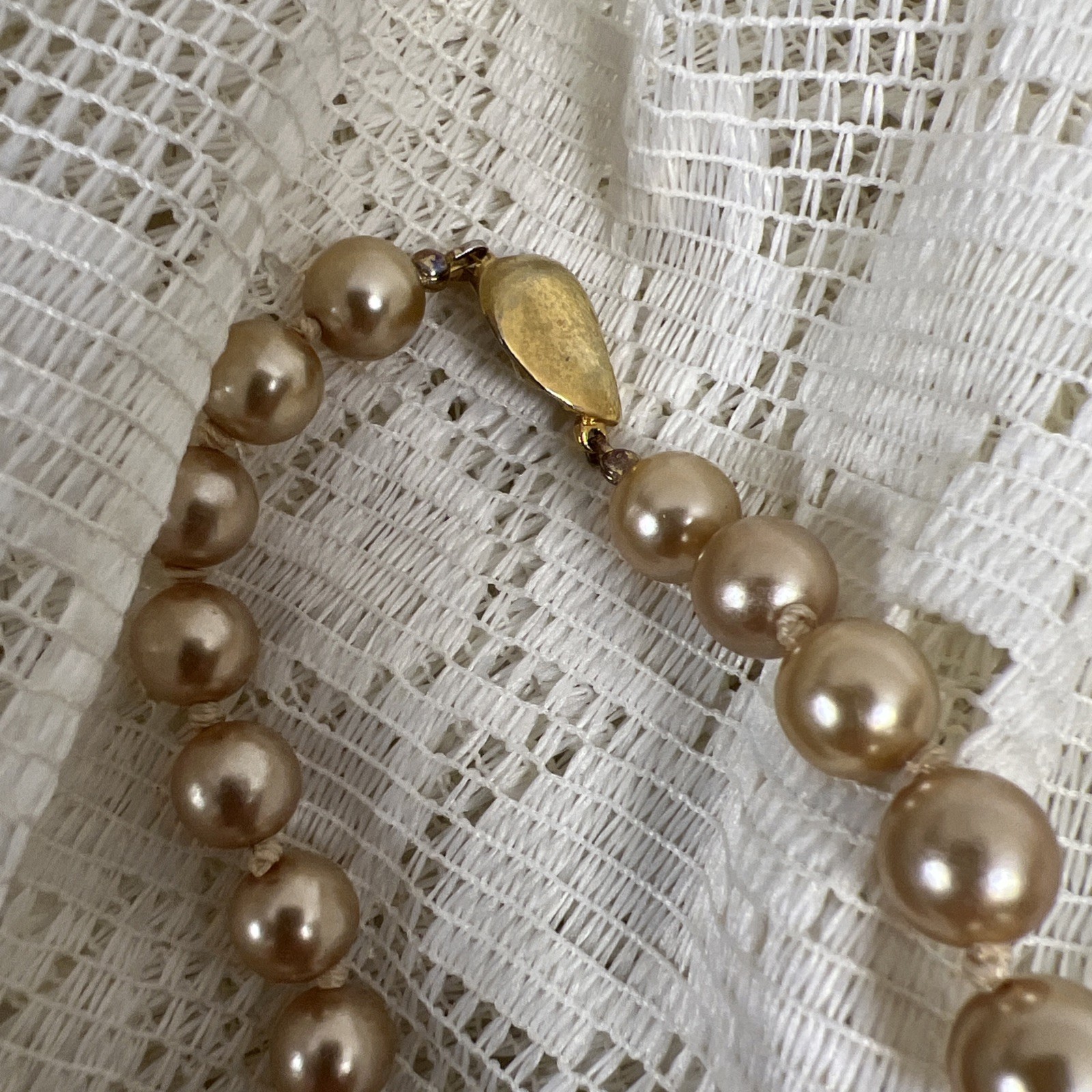 Vintage Champagne Cream Faux Pearl Hand Tied Necklace Graduated & Bracelet