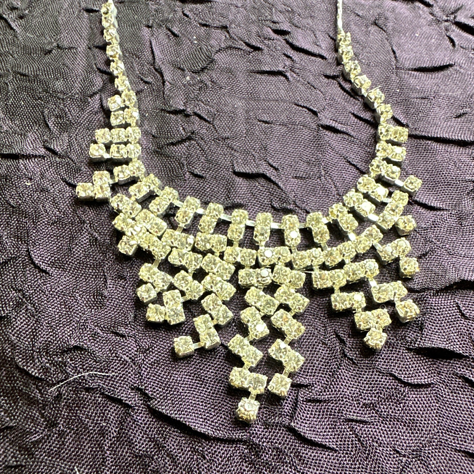 Silver Tone Clear Crystal Rhinestone Bib Statement Necklace Adjustable Lobster