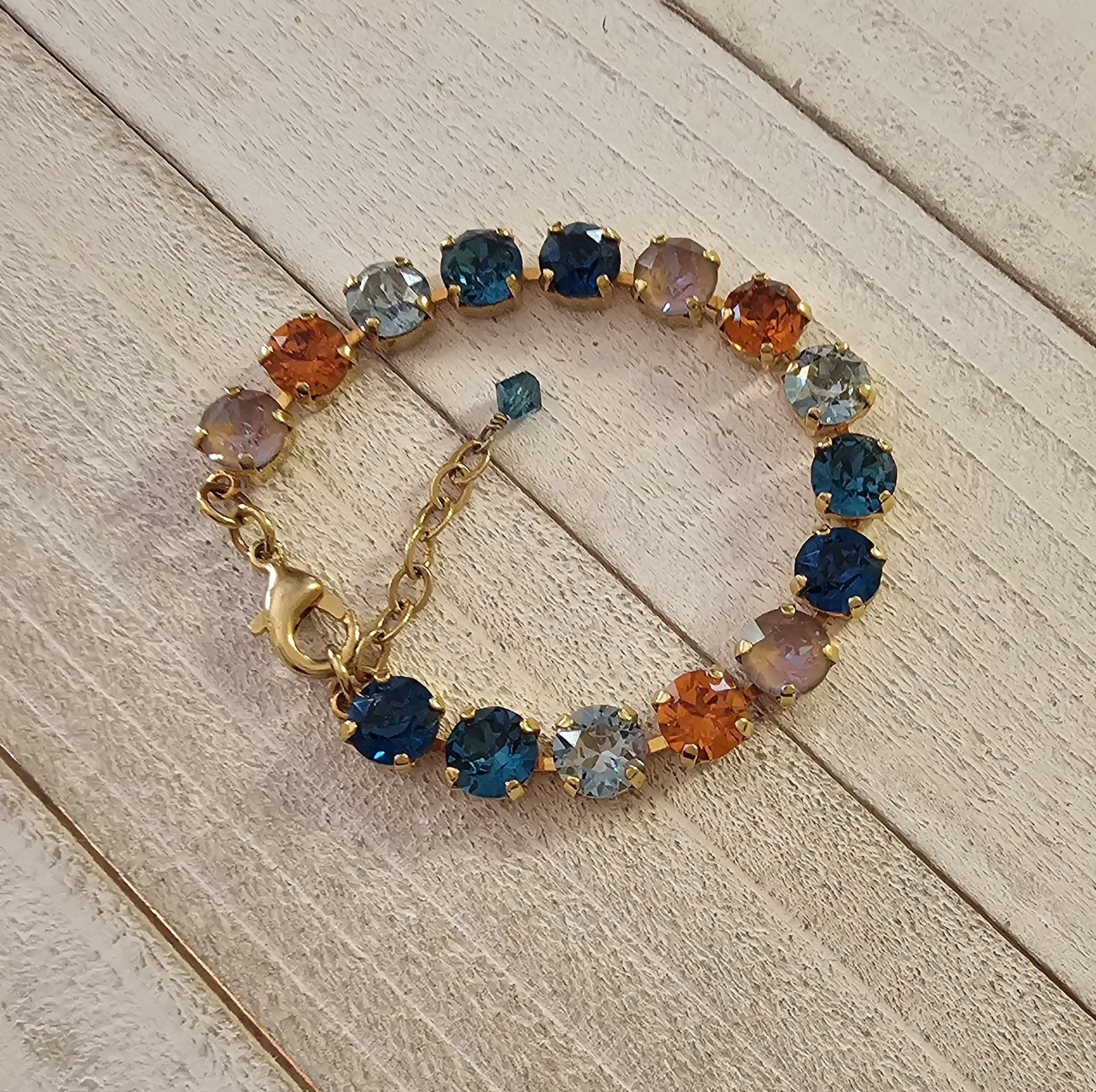 CB111 TheSparkledShell Earthy Fall Teals Orange Tan 8mm Crystal Bracelet